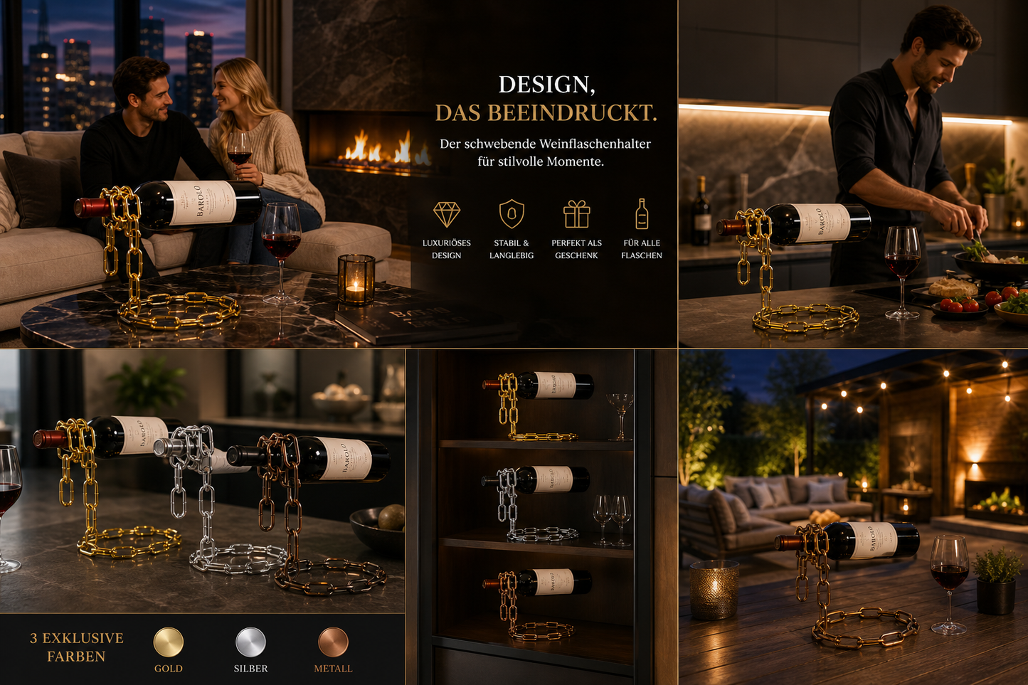 Magischer Weinflaschenhalter – Schwebende Metallkette als elegantes Deko-Highlight