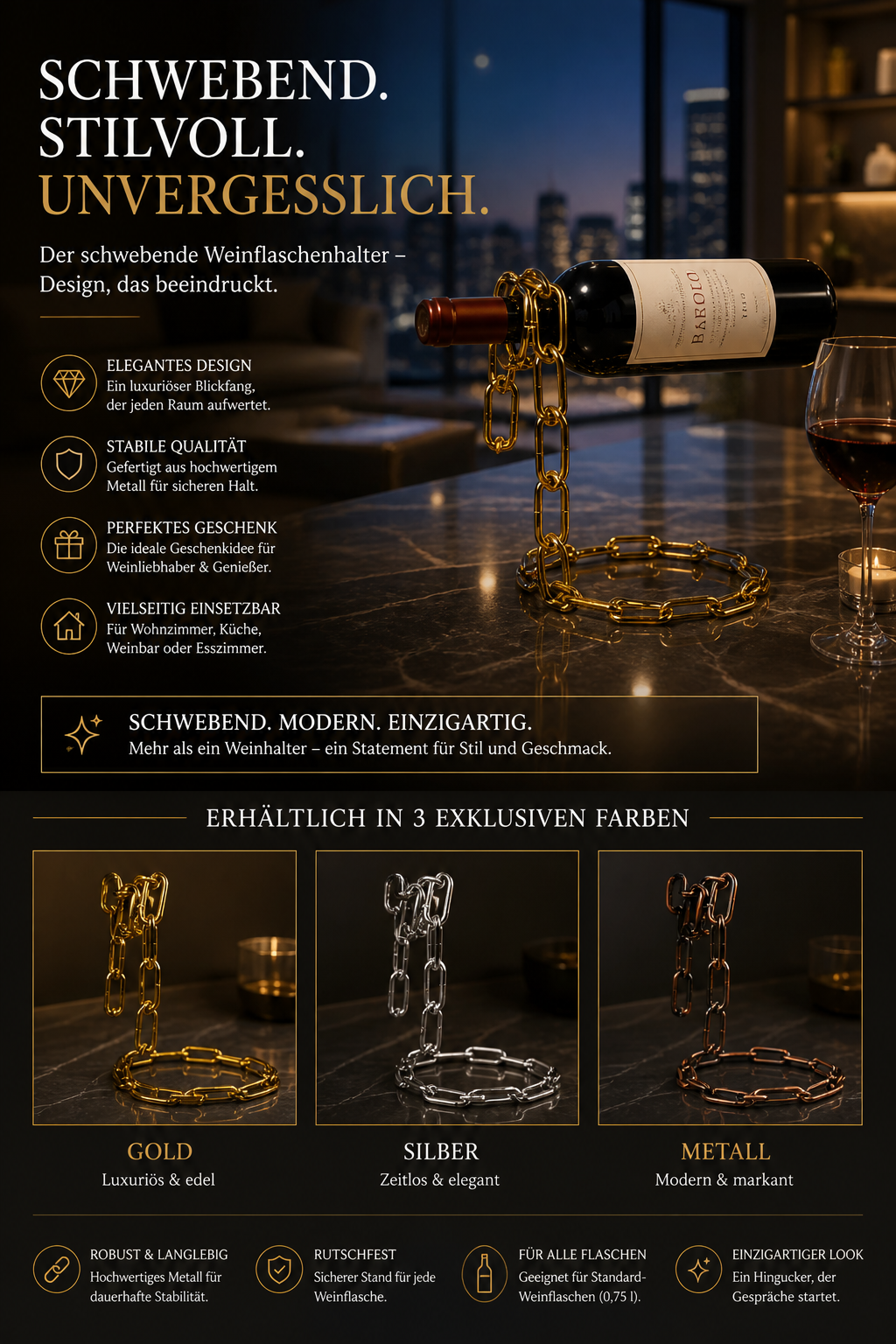 Magischer Weinflaschenhalter – Schwebende Metallkette als elegantes Deko-Highlight