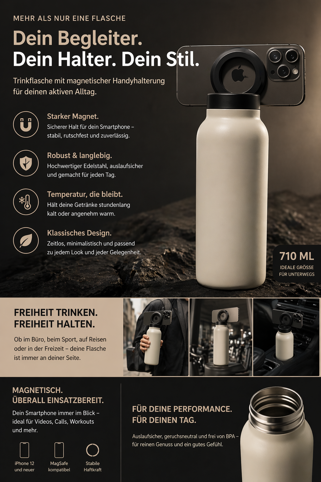 Smart Bottle – Isolierte Sportflasche mit magnetischer Handyhalterung