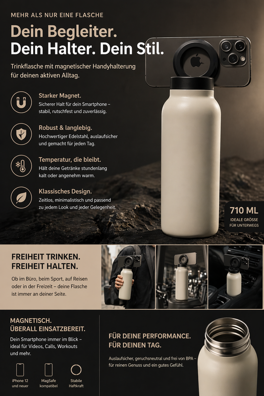 Smart Bottle – Isolierte Sportflasche mit magnetischer Handyhalterung