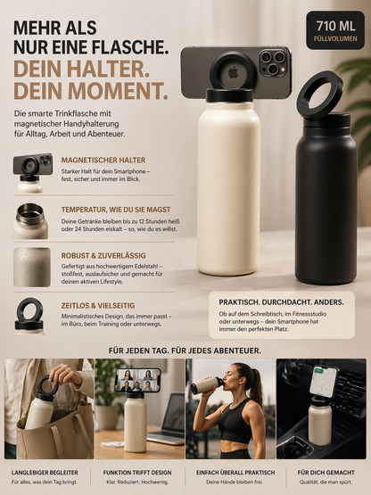 Smart Bottle – Isolierte Sportflasche mit magnetischer Handyhalterung
