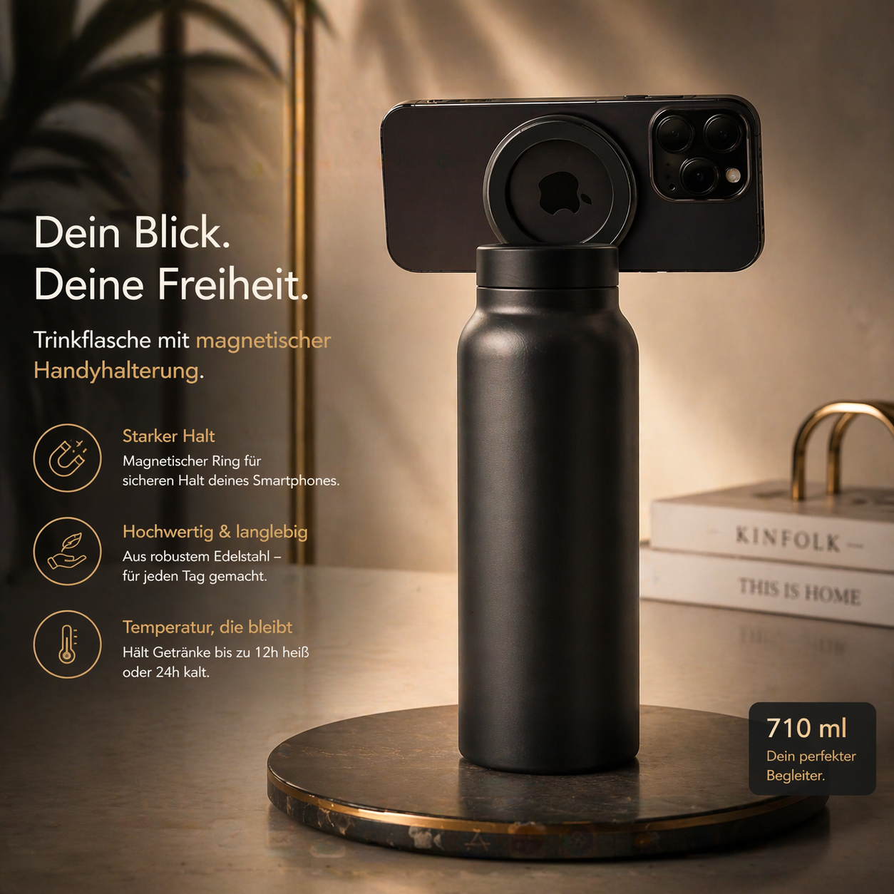 Smart Bottle – Isolierte Sportflasche mit magnetischer Handyhalterung