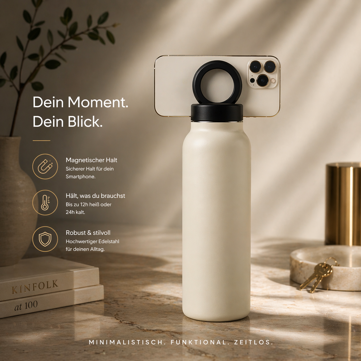 Smart Bottle – Isolierte Sportflasche mit magnetischer Handyhalterung