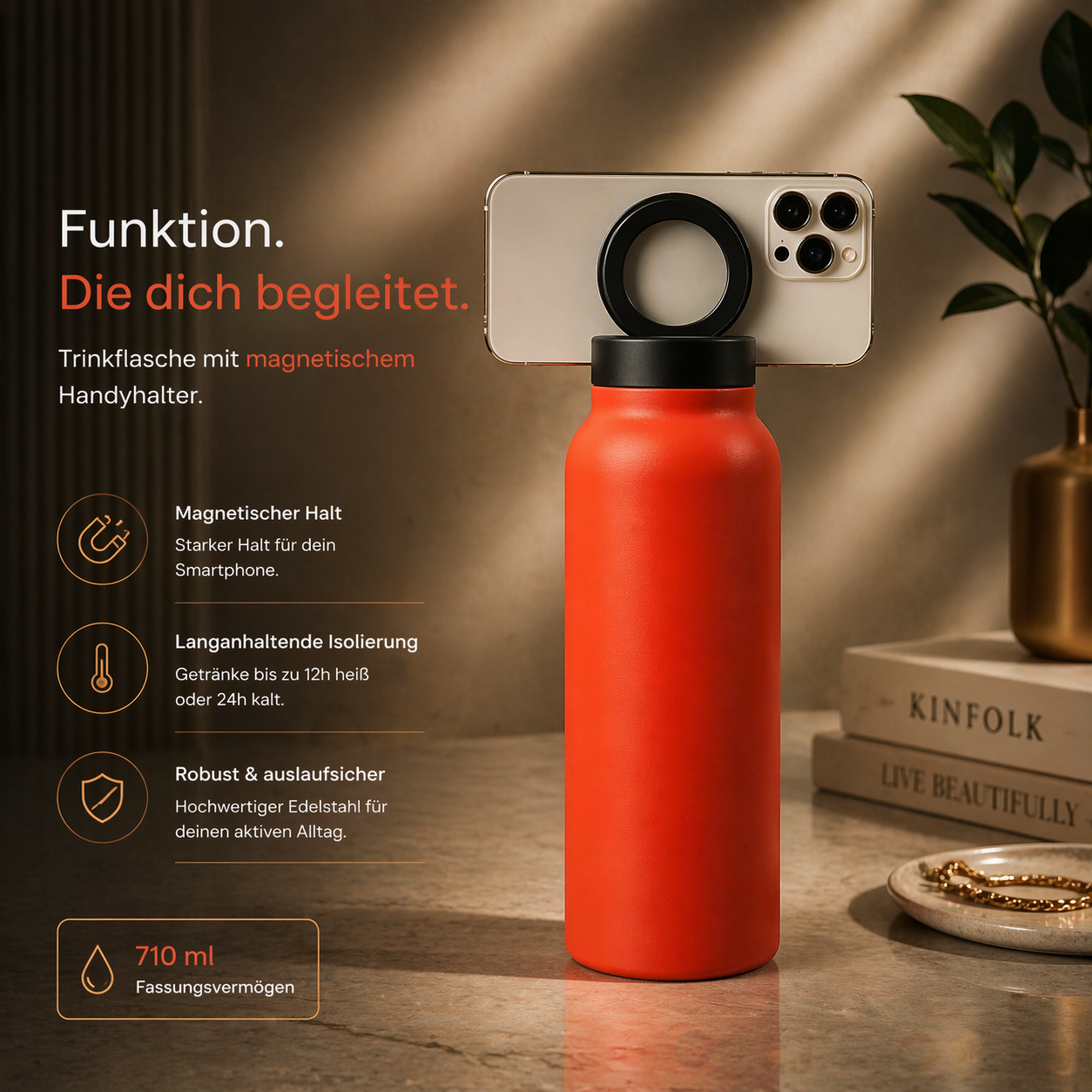 Smart Bottle – Isolierte Sportflasche mit magnetischer Handyhalterung
